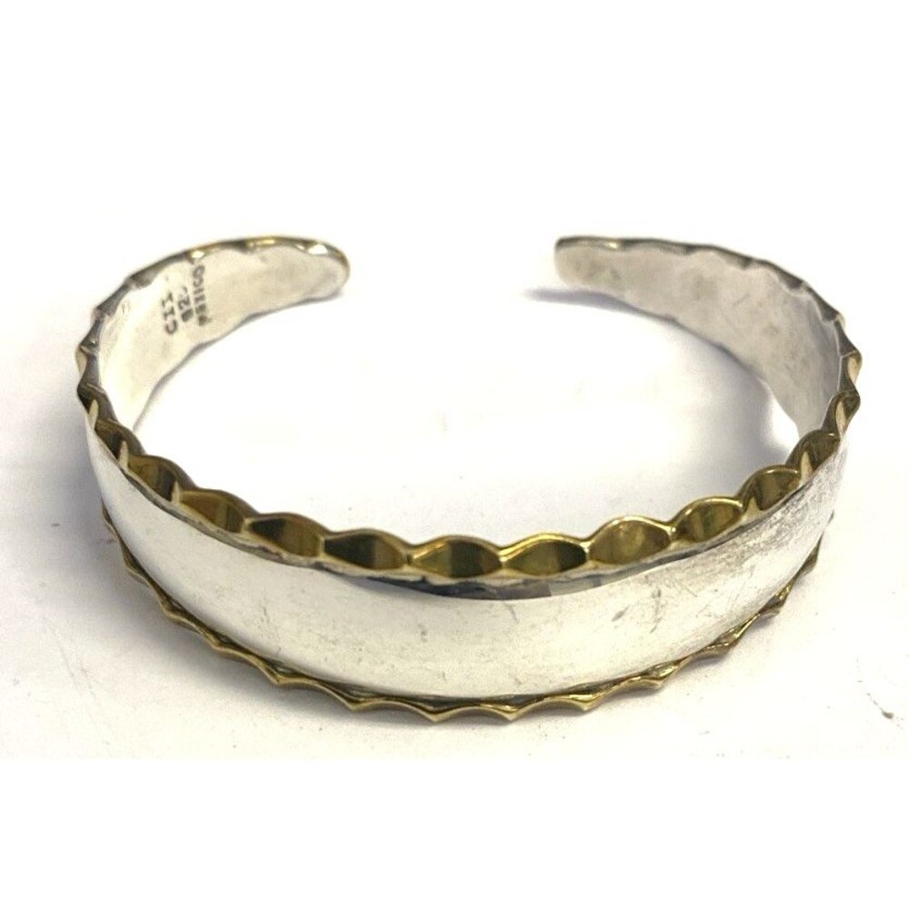 Vintage Mexican Sterling Silver CII & Brass Cuff Bracelet Rippled Edge 925